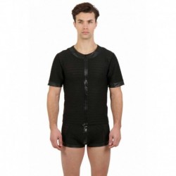 T Shirt Noir Rayé Transparence et Wetlook Zip devant Homme
